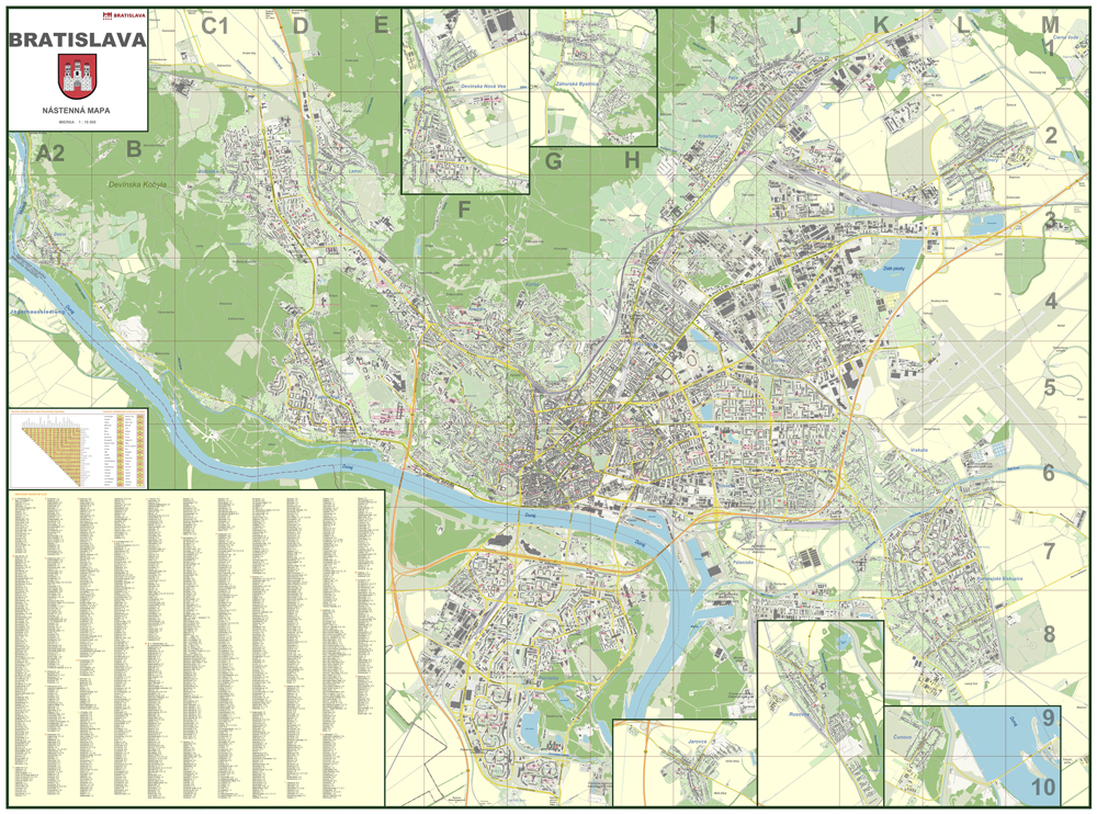 nástenná mapa Bratislava 120x160cm lamino, plastové lišty