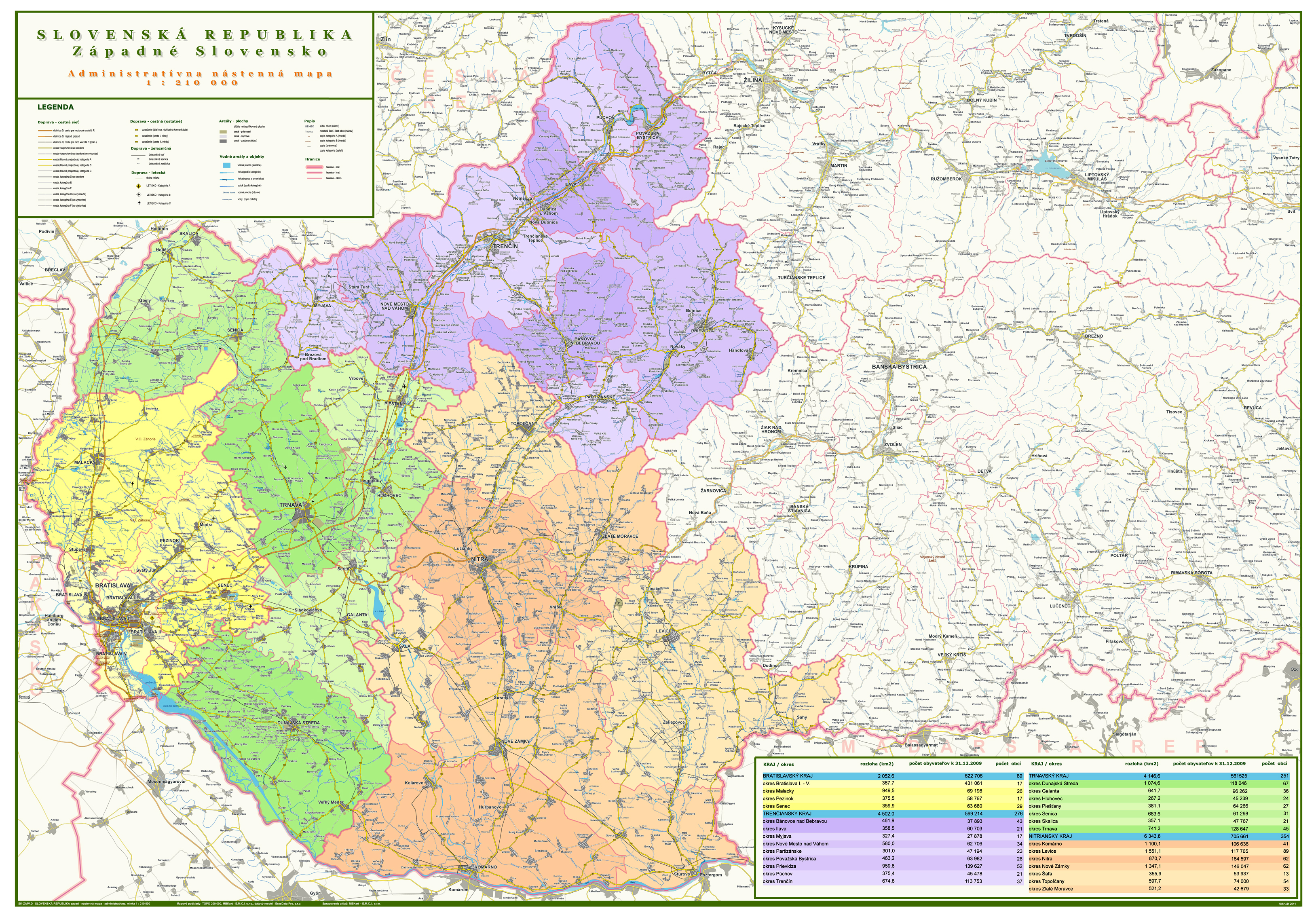 nástenná mapa Slovensko administratívne západ 98x140cm lamino, lišty