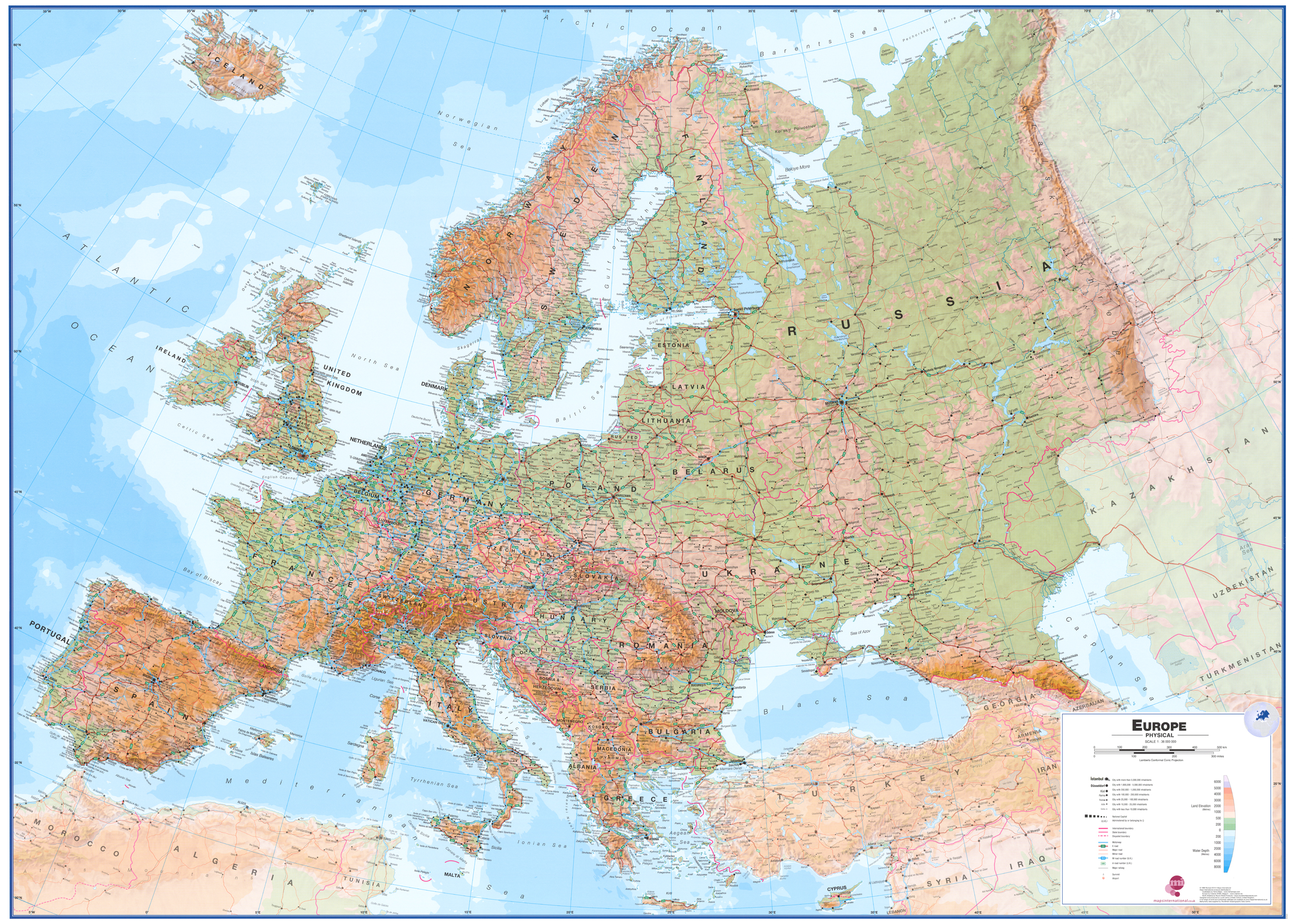 nástenná mapa Európa geografická 120x165cm lamino, lišty MI