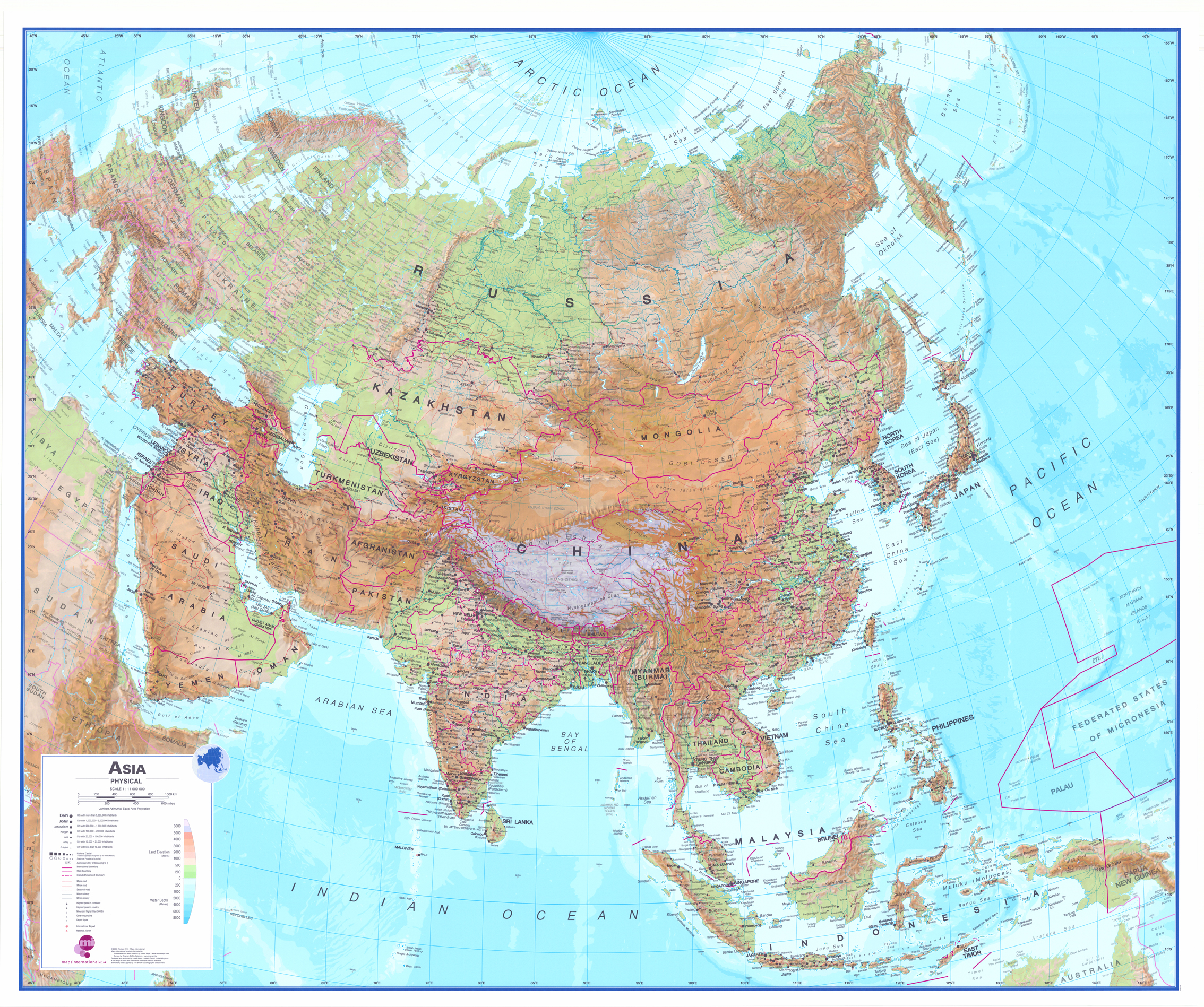 nástenná mapa Ázia geografická 120x100cm lamino, lišty