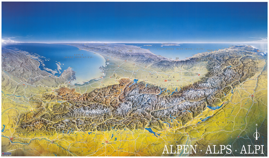 nástenná mapa Alpy panoramatické 59x100cm lamino, lišty