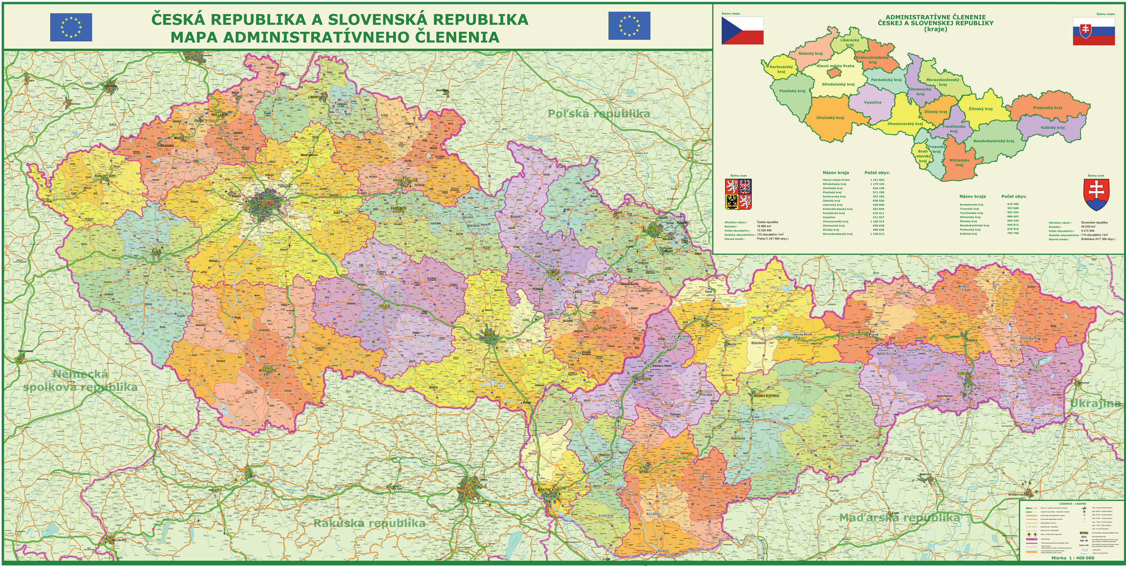 nástenná mapa Slovensko a Česko administratívne členenie 100x200cm lamino, lišty