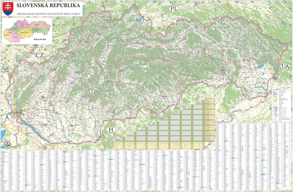 nástenná mapa Slovensko automapa s registrom sídiel 340t, 90x135cm lamino,lišty