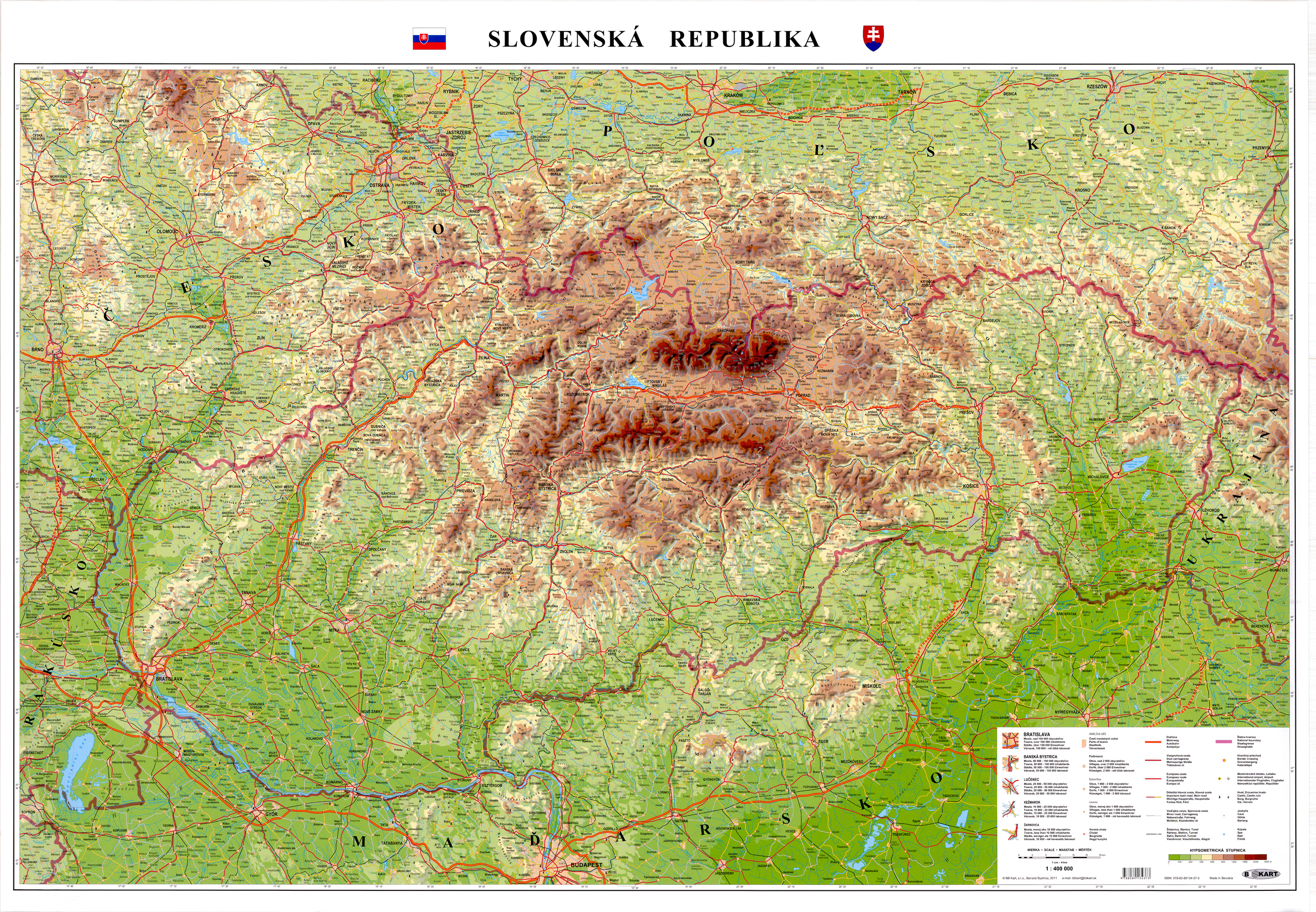 Slovensko zemepisné 1:400tis, 84x120cm lamino, plastové lišty