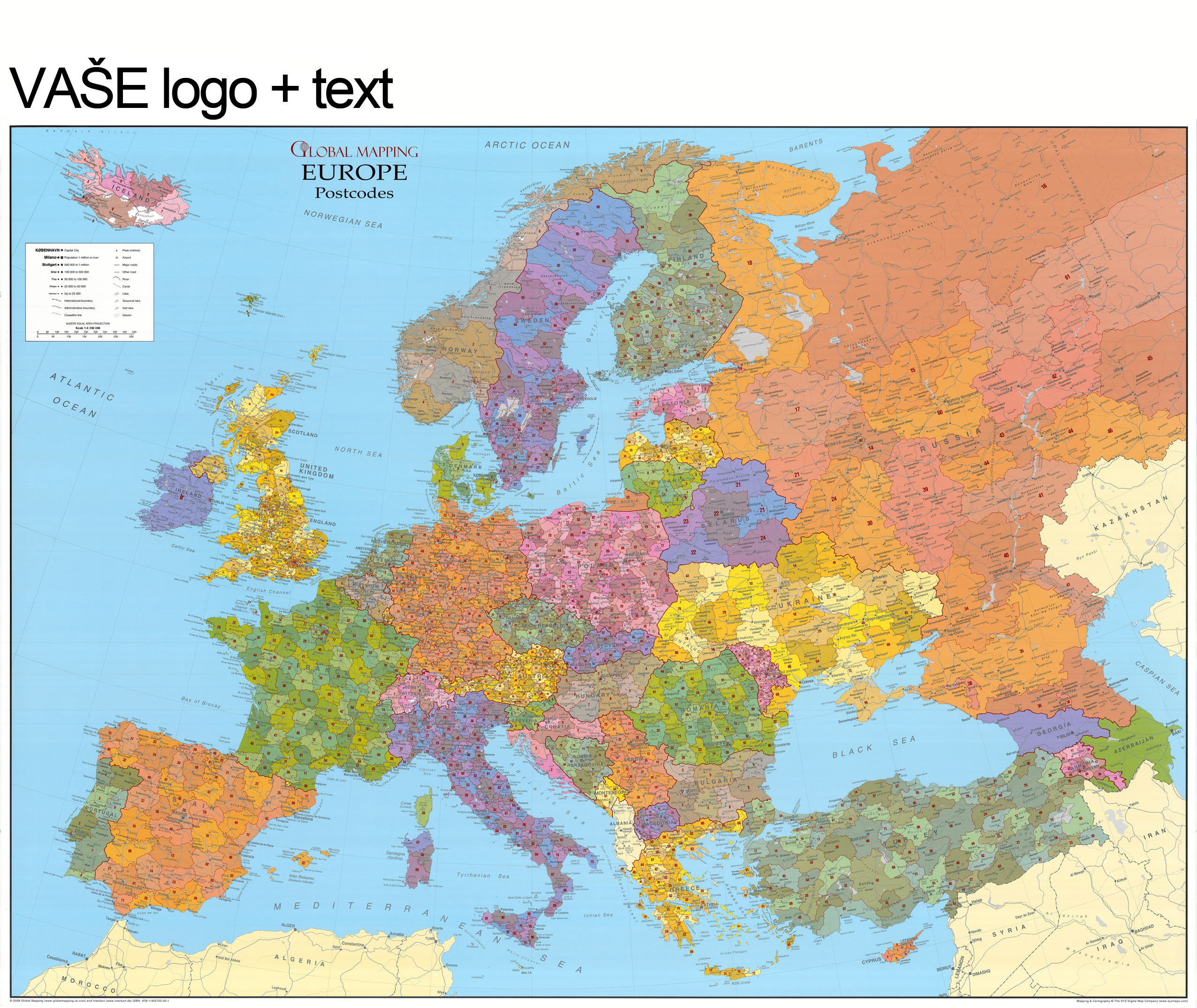 Európa PSČ s Tureckom V. horizontálna 102x135cm lamino zapichovacia bez rámu 