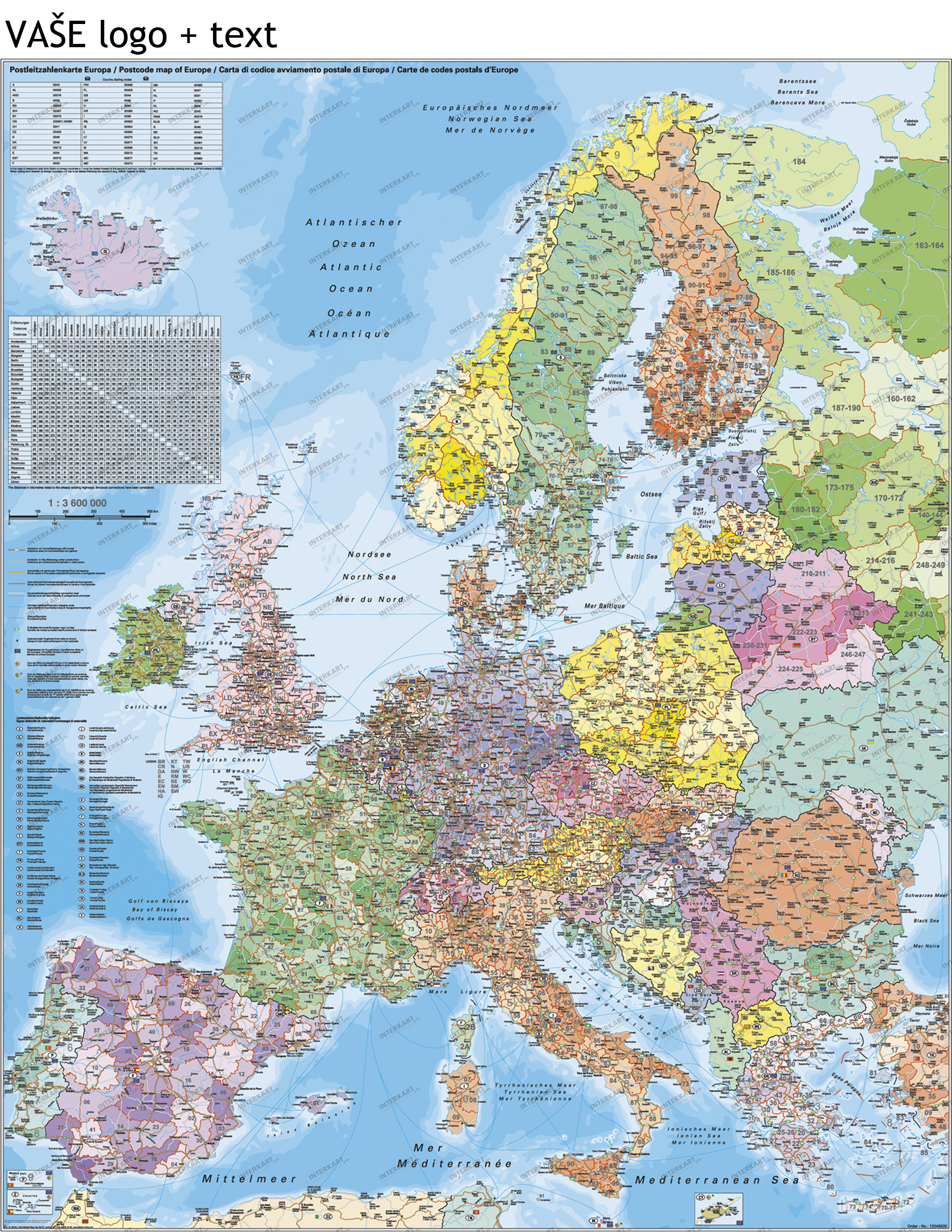 Európa PSČ I. 140x100cm lamino zapichovacia bez rámu nástenná mapa 
