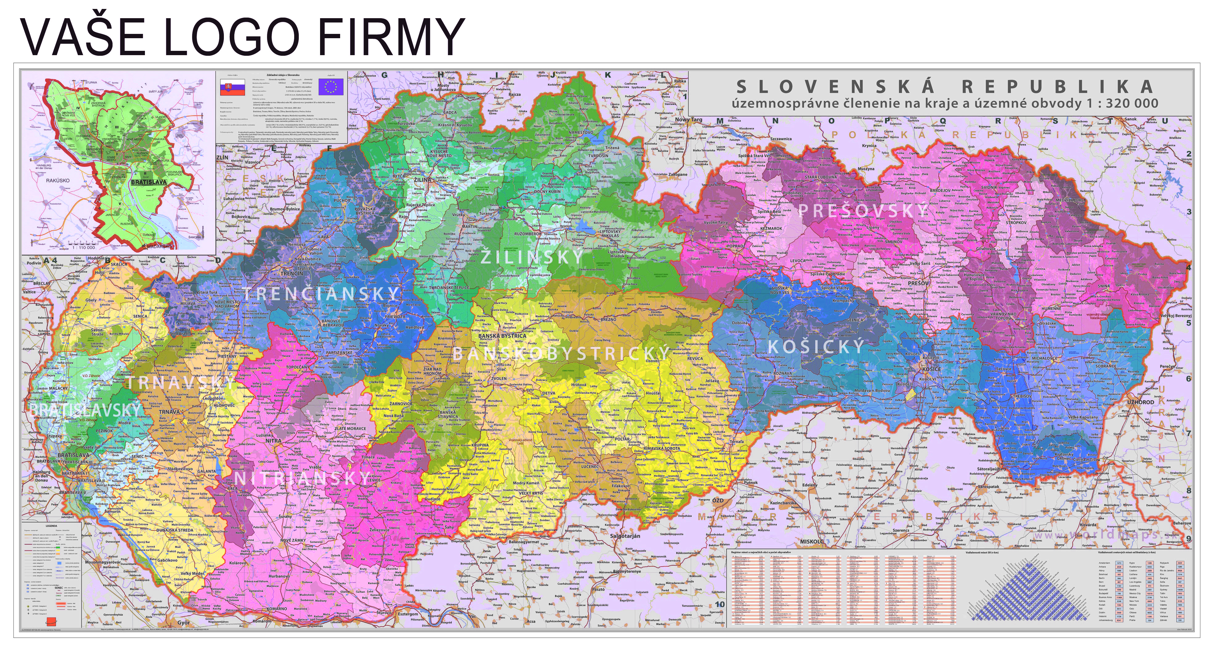 nástenná mapa Slovensko kraje a obvody 1:320tis,70x140cm lamino,lišty / r.2020
