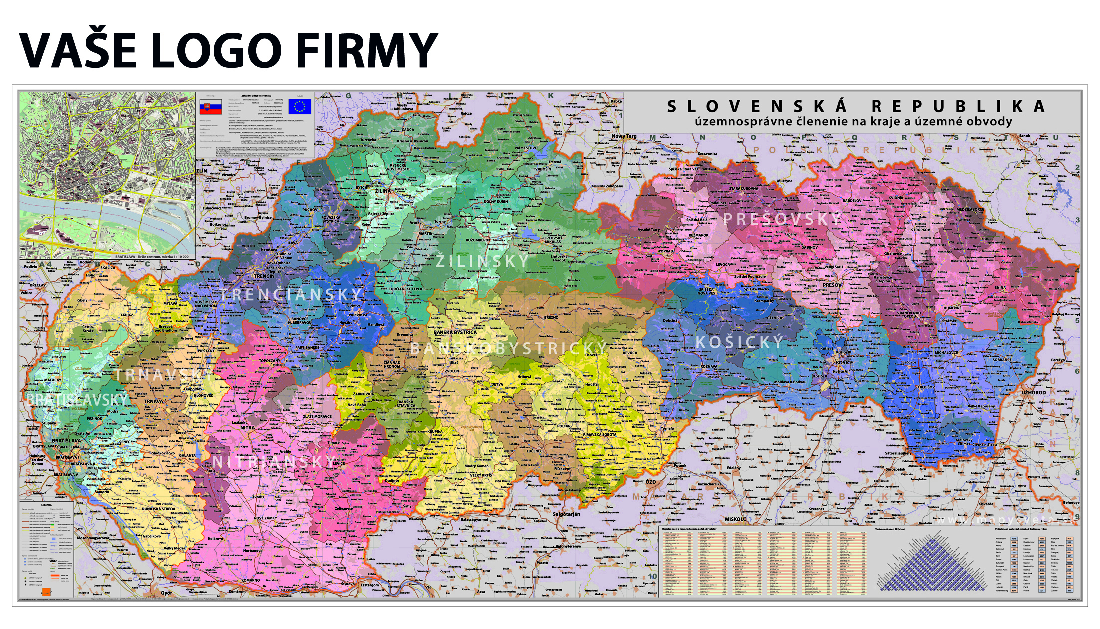 nástenná mapa Slovensko kraje a obvody 1:250tis, 90x175cm lamino, plastové lišty