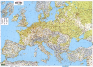 nástenná mapa Európa cestná 90x126cm 3,5mil lamino, plastové lišty