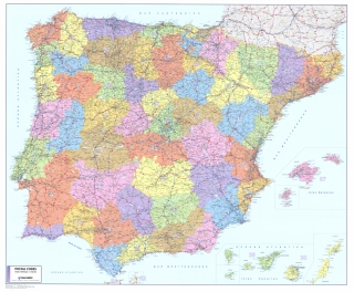 nástenná mapa Španielsko PSČ, Portugalsko PSČ 90,5x107,5cm lamino, lišty