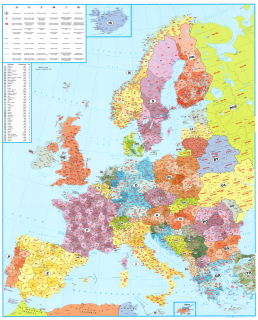 nástenná mapa Európa PSČ III. 137,5x98cm lamino, plastové lišty