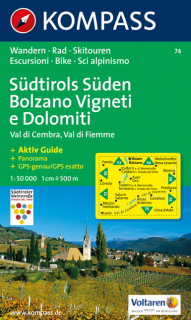 KOMPASS 74 Südtirols Süden,Bolzano Vigneti e Dolomiti,Val di Cembra 1:50t mapa