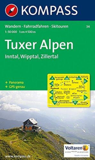 KOMPASS 34 Tuxer Alpen, Inntal, Wipptal, Zillertal 1:50t turistická mapa