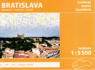 Bratislava turistický plán mesta s perokresbami pamiatok 1:5,5tis skladaná mapka