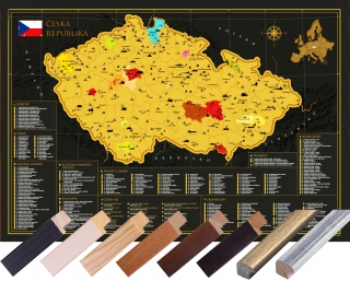 Česko kraje, obvody Black&Gold rámovanánástenná  stieracia mapa, drevený rám