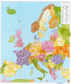 nástenná mapa Európa PSČ II. 112,5x96cm lamino, plastové lišty