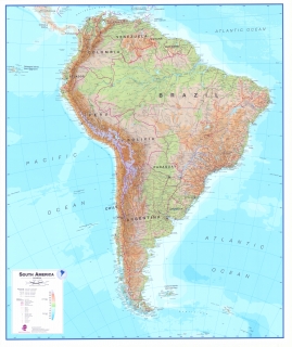 nástenná mapa Amerika južná fyzická 120x100cm lamino, lišty