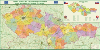 nástenná mapa Slovensko a Česko administratívne členenie 100x200cm lamino, lišty
